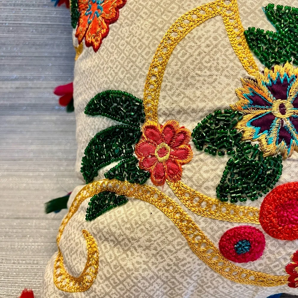 Arhaus Throw Pillow Beaded & Embroidered Bird Flowers GORGEOUS 16x16”